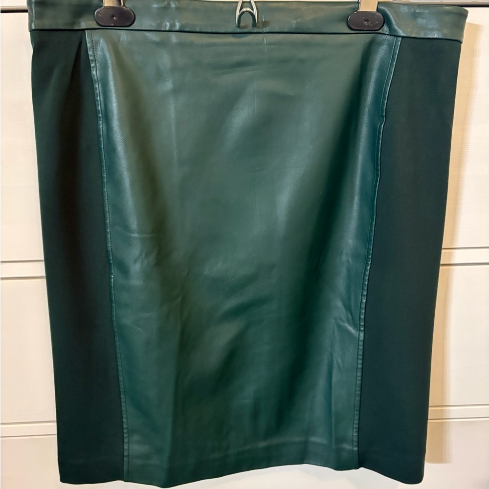 Ann Taylor Factory Dark Green Leather-Panel Pencil Skirt